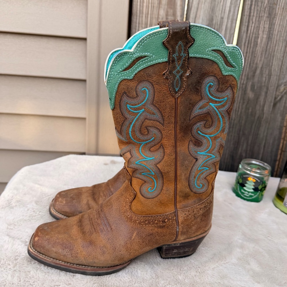 Justin Sevana Tan Western Cowboy Turquoise Brown Leather Boots Size 8.5 - Picture 6 of 11